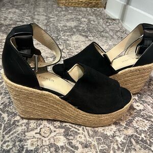 Marc Fisher Black and Tan Wedge Sandals